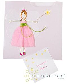 800.070  Νεράιδα, με ρόζ φάκελο, μεταξωτό χαρτί στα φτερά, κέρινο κορδόνι και τούλι στο φόρεμα